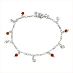 Sterling Silver Anklet with Heart and Orange-White Crystal Charms