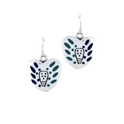 Sterling Silver Heart Dangle Earrings with Blue Enamel Tribal Pattern